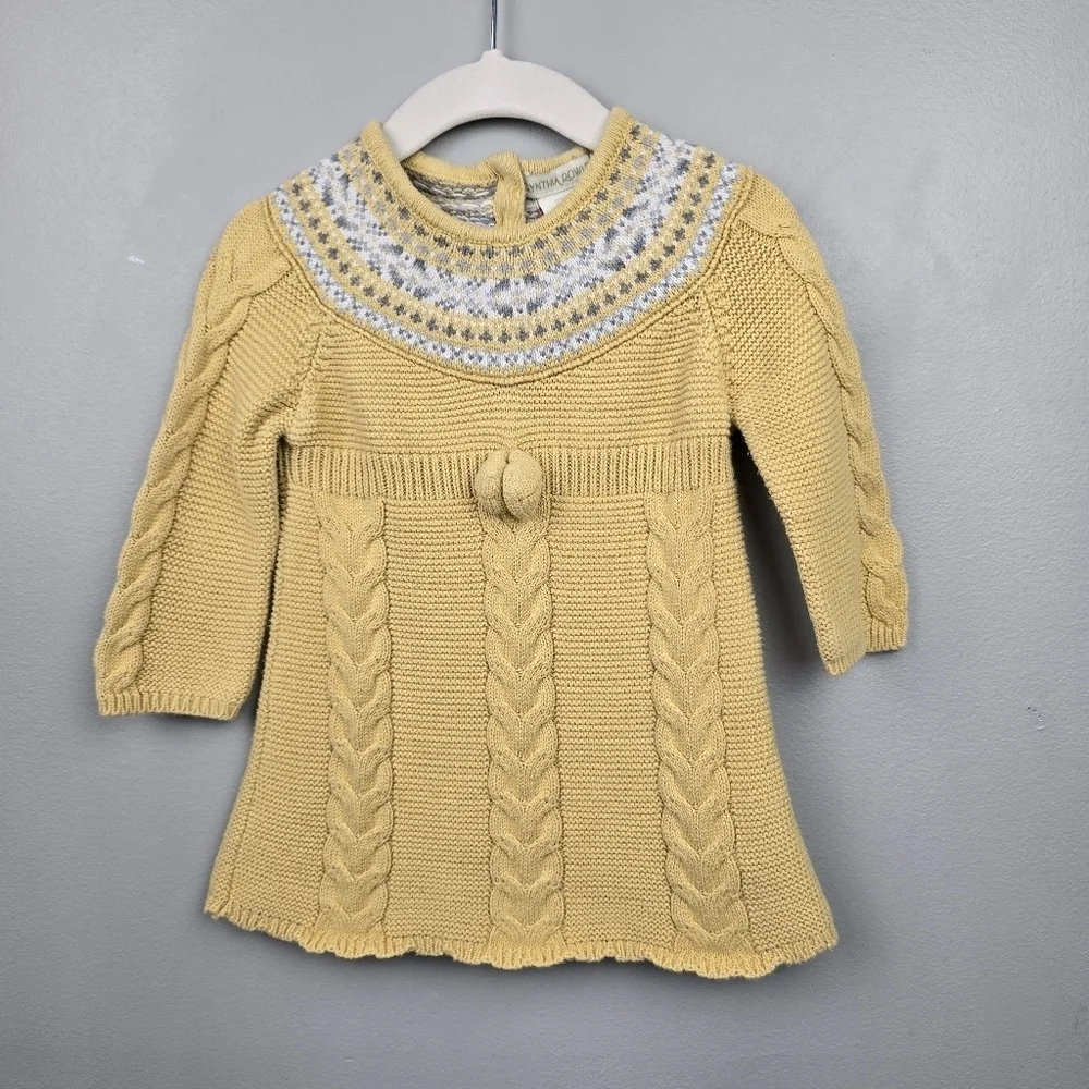 Fair Isle Cable Knit Sweater Dress And Beret Hat Yellow Gray Baby Girl's‎ 6-9 M